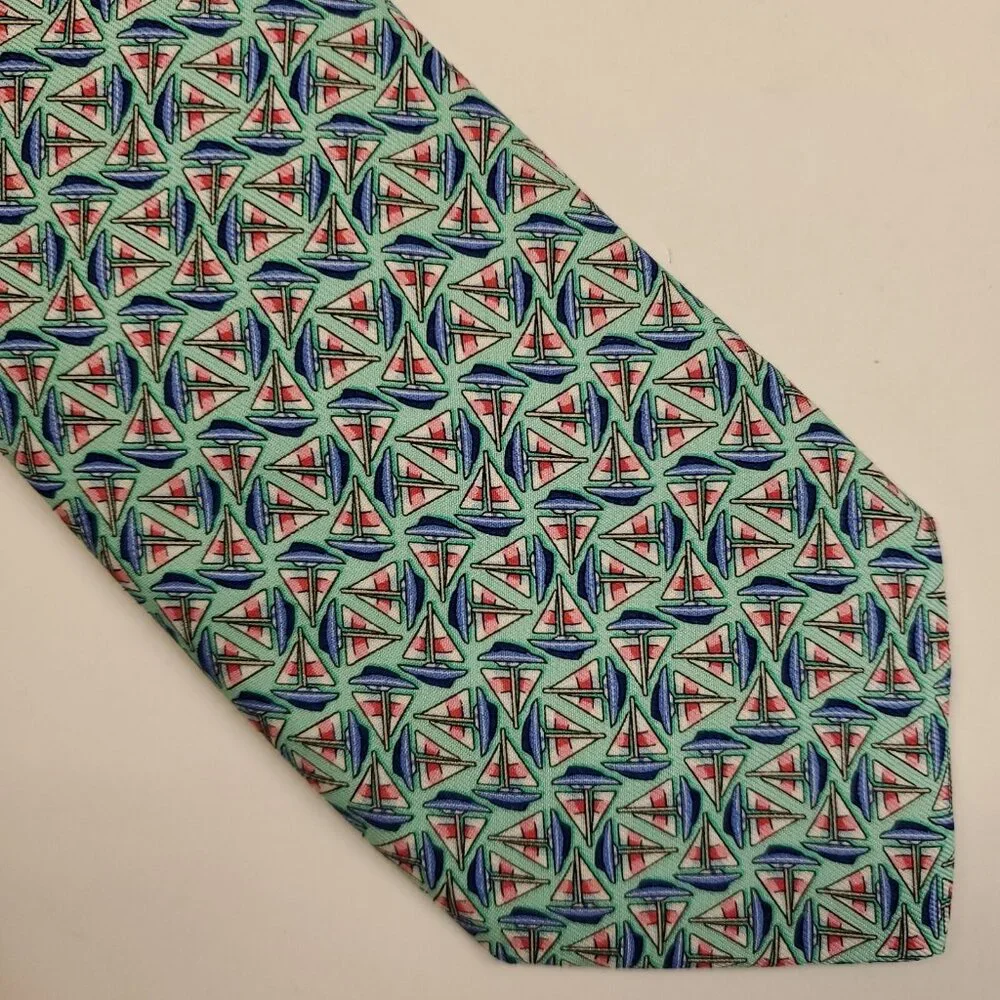 Vineyard Vines Silk Tie Blue Green Aqua Cyan Sailboat Print 3 3/8